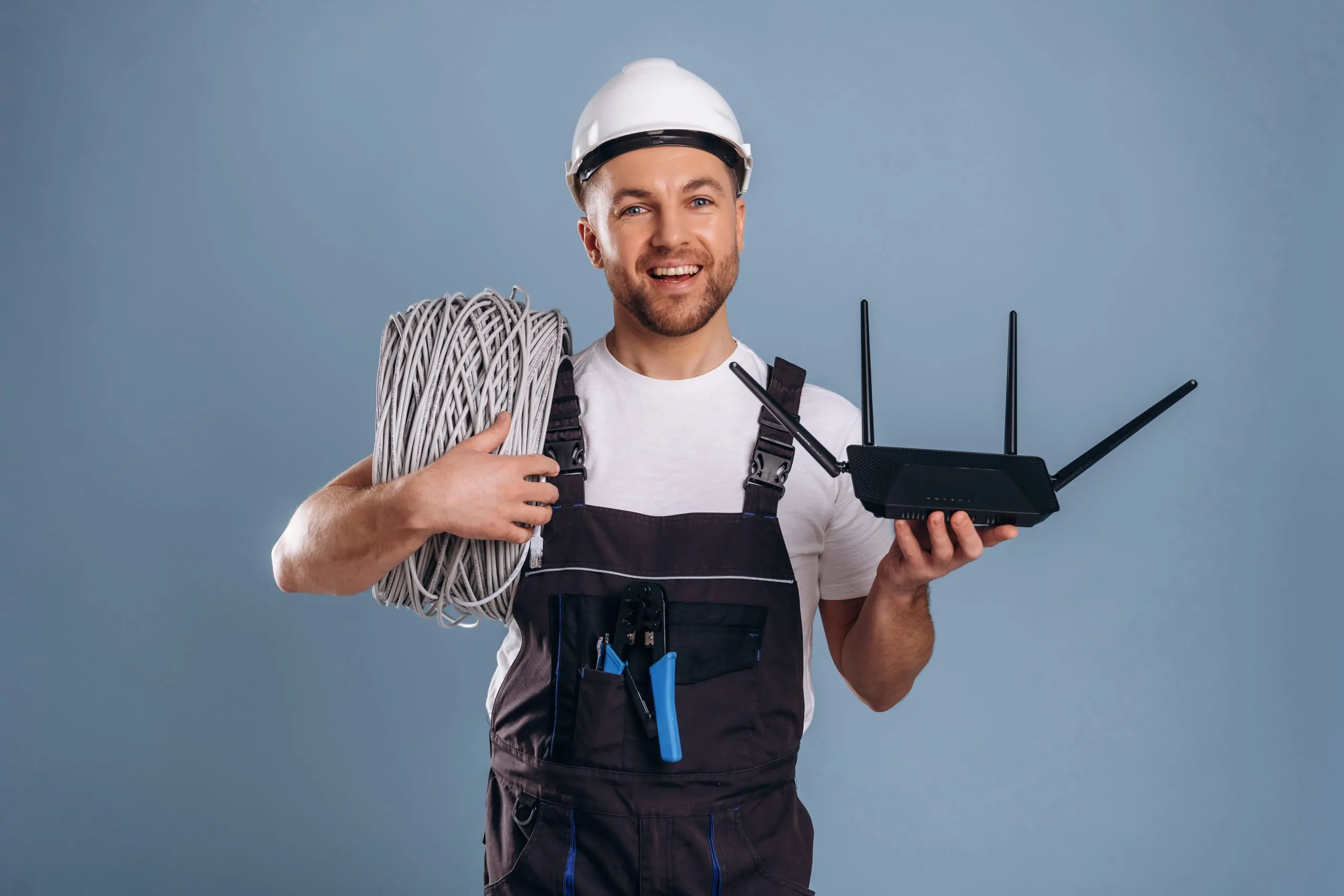 Internet engineer guy is with wi-fi router